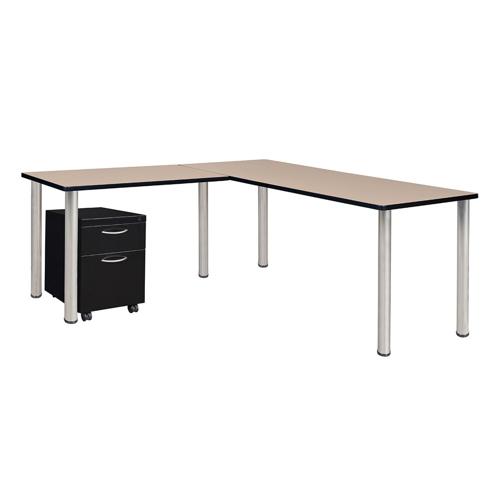 Kee 72" Single Pedestal L-Desk with 42" Return, Beige/Chrome. Picture 1