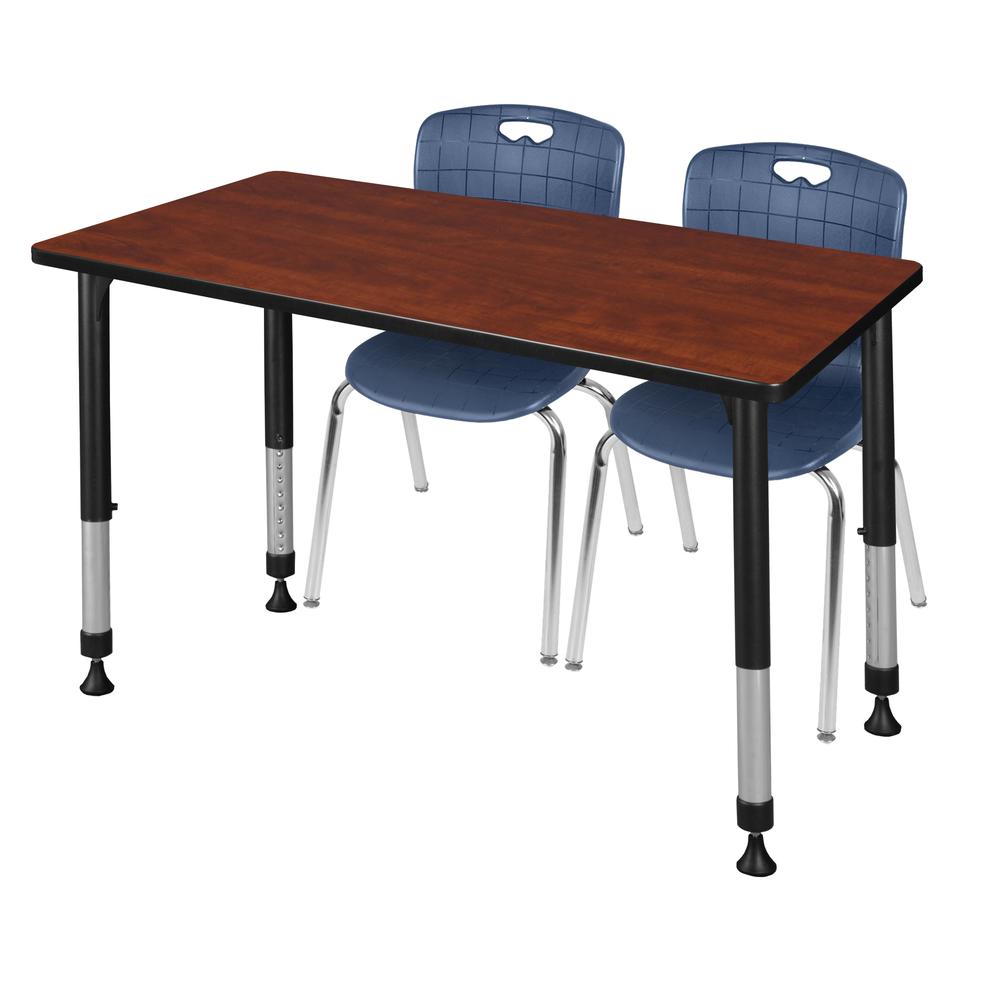 Kee 48" x 24" Height Adjustable Classroom Table - Cherry & 2 Andy 18-in Stack Chairs- Navy Blue. Picture 1