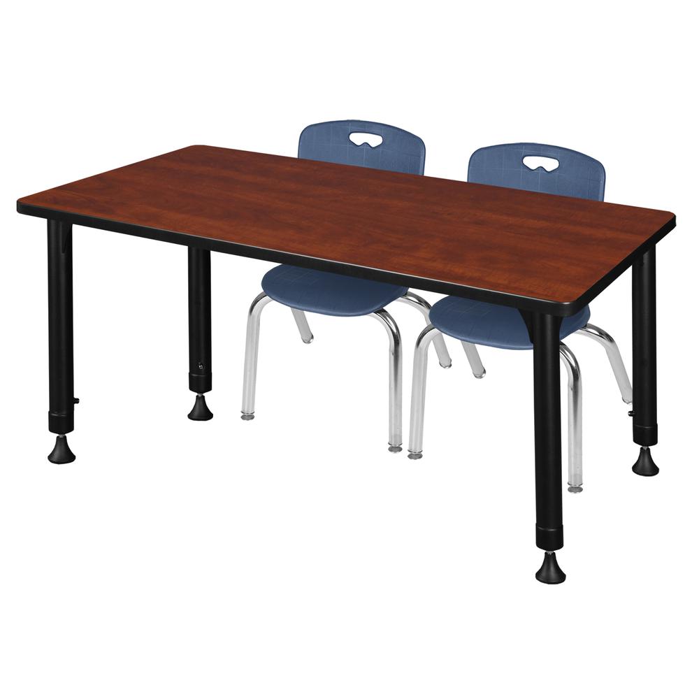 Kee 48" x 24" Height Adjustable Classroom Table - Cherry & 2 Andy 12-in Stack Chairs- Navy Blue. Picture 1
