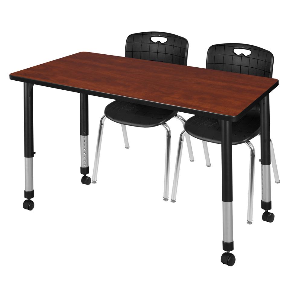 Kee 48" x 24" Height Adjustable Mobile Classroom Table - Cherry & 2 Andy 18-in Stack Chairs- Black. Picture 1