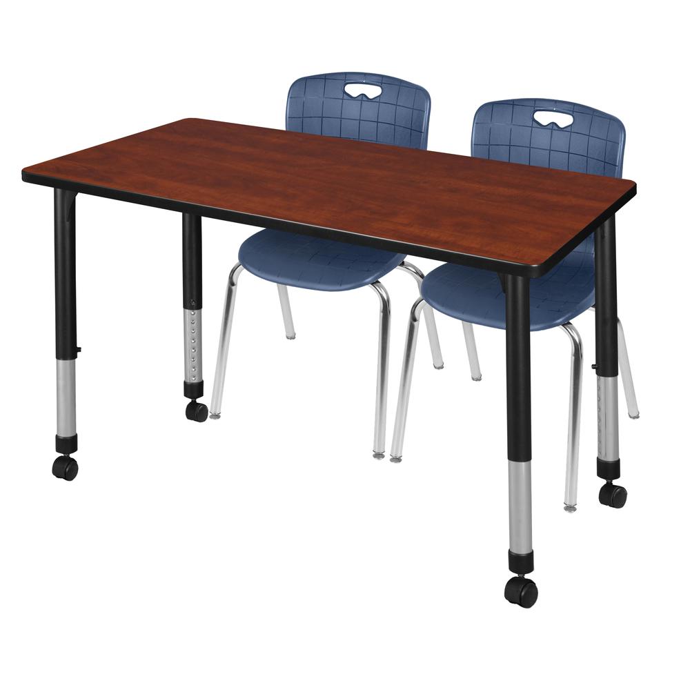 Kee 48" x 24" Height Adjustable Mobile Classroom Table - Cherry & 2 Andy 18-in Stack Chairs- Navy Blue. Picture 1