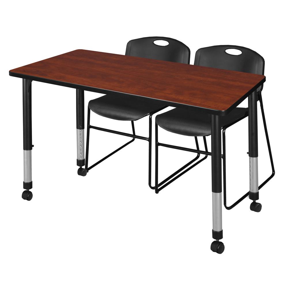 Kee 48" x 24" Height Adjustable Mobile Classroom Table - Cherry & 2 Zeng Stack Chairs- Black. Picture 1