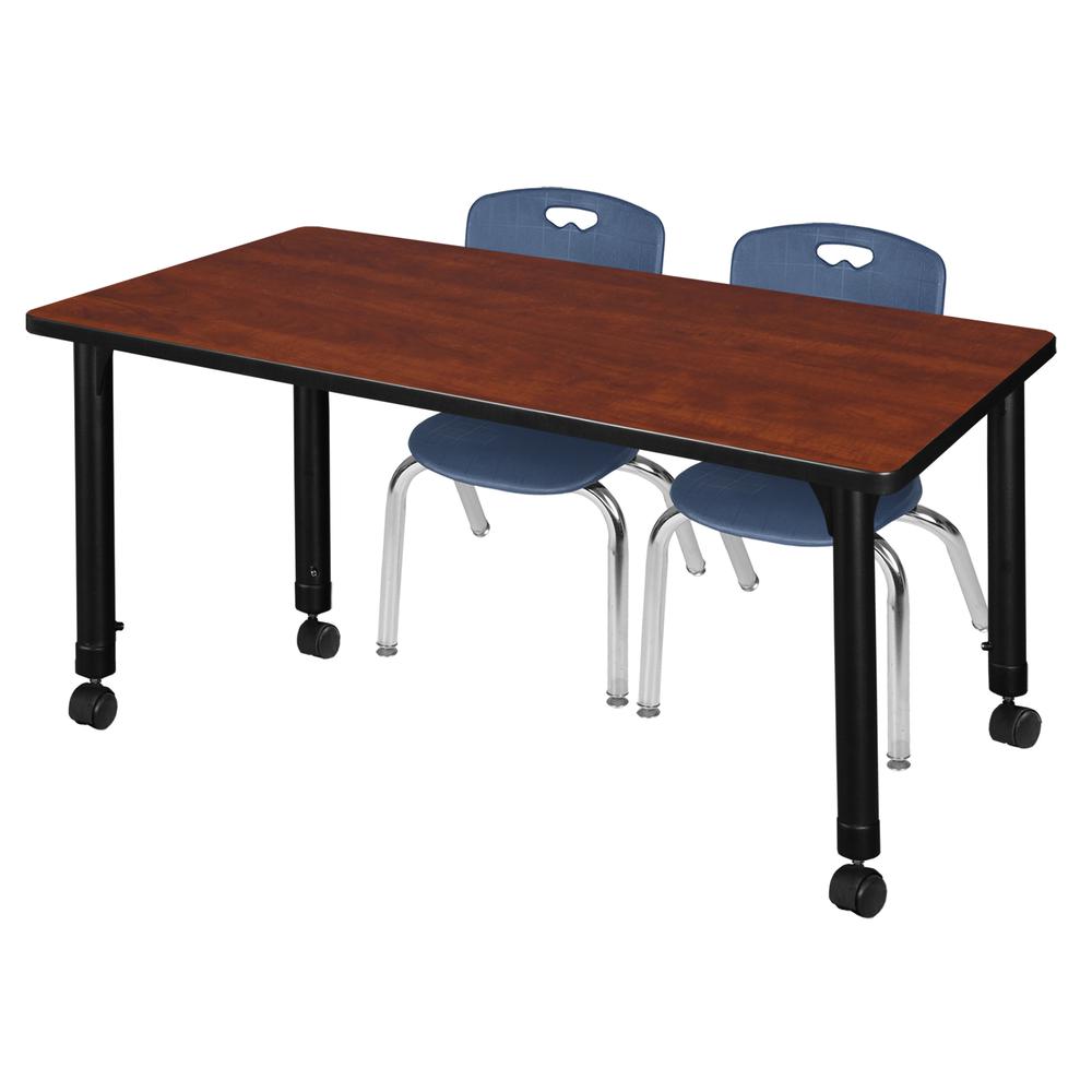 Kee 48" x 24" Height Adjustable Mobile Classroom Table - Cherry & 2 Andy 12-in Stack Chairs- Navy Blue. Picture 1