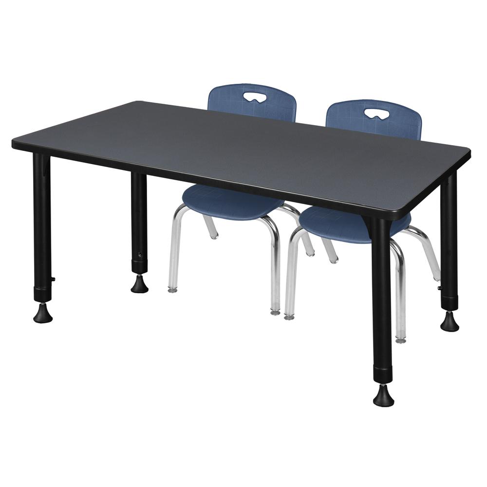 Kee 48" x 24" Height Adjustable Classroom Table - Grey & 2 Andy 12-in Stack Chairs- Navy Blue. Picture 1