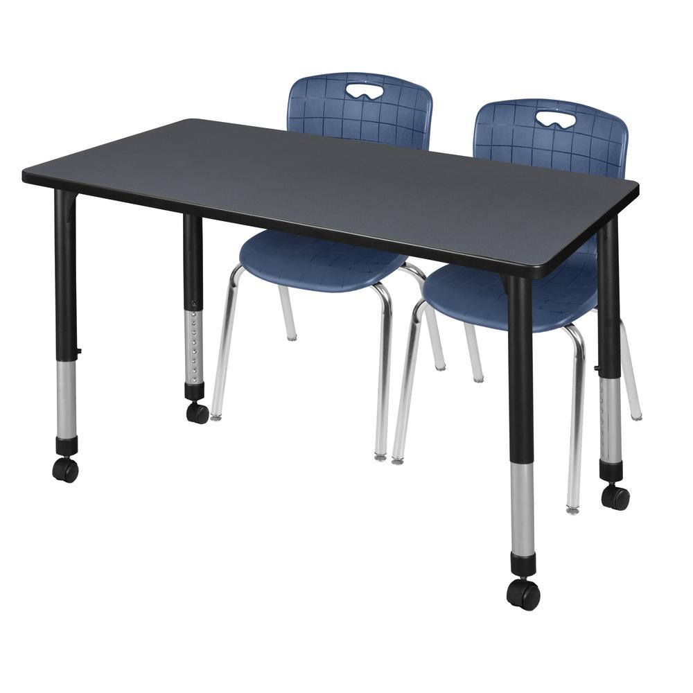 Kee 48" x 24" Height Adjustable Mobile Classroom Table - Grey & 2 Andy 18-in Stack Chairs- Navy Blue. Picture 1