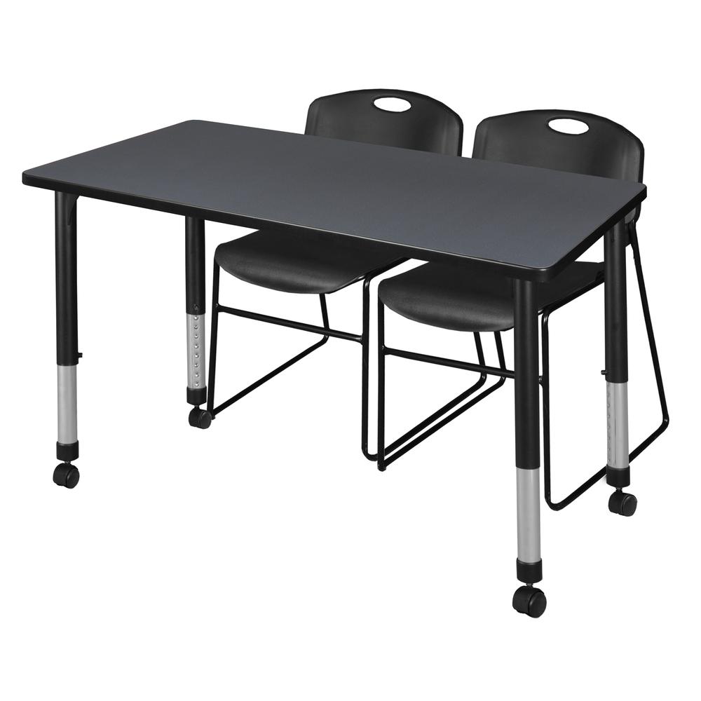 Kee 48" x 24" Height Adjustable Mobile Classroom Table - Grey & 2 Zeng Stack Chairs- Black. Picture 1
