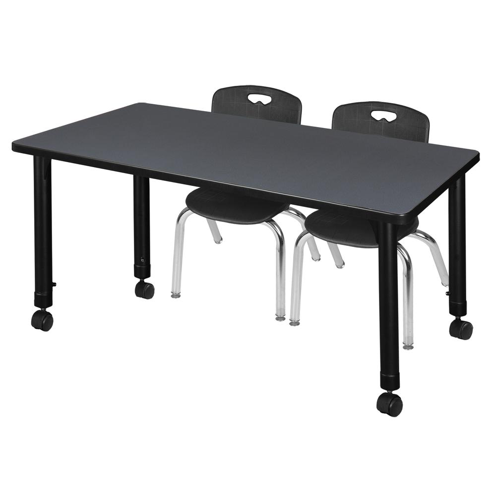 Kee 48" x 24" Height Adjustable Mobile Classroom Table - Grey & 2 Andy 12-in Stack Chairs- Black. Picture 1