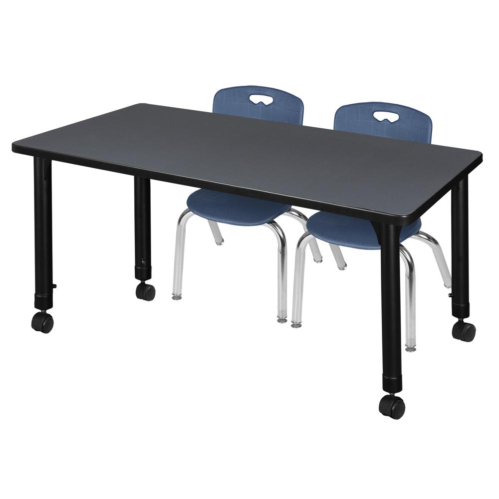Kee 48" x 24" Height Adjustable Mobile Classroom Table - Grey & 2 Andy 12-in Stack Chairs- Navy Blue. Picture 1