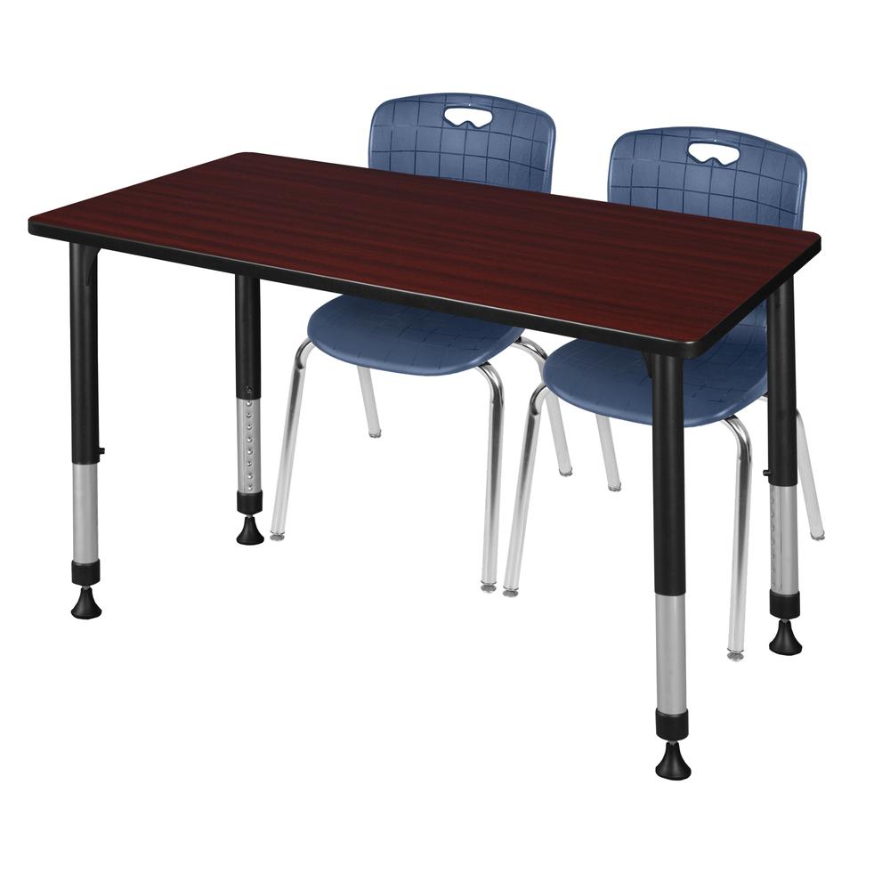 Kee 48" x 24" Height Adjustable Classroom Table - Mahogany & 2 Andy 18-in Stack Chairs- Navy Blue. Picture 1