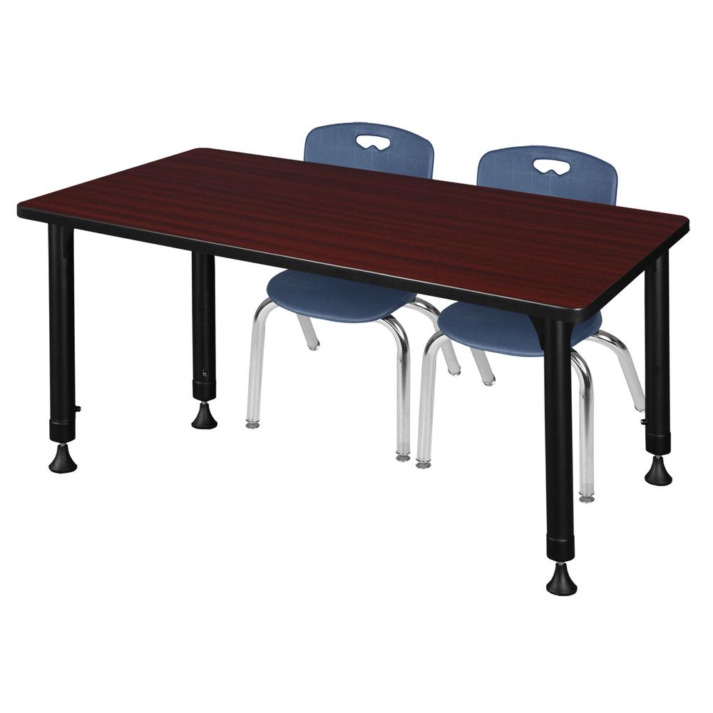 Kee 48" x 24" Height Adjustable Classroom Table - Mahogany & 2 Andy 12-in Stack Chairs- Navy Blue. Picture 1