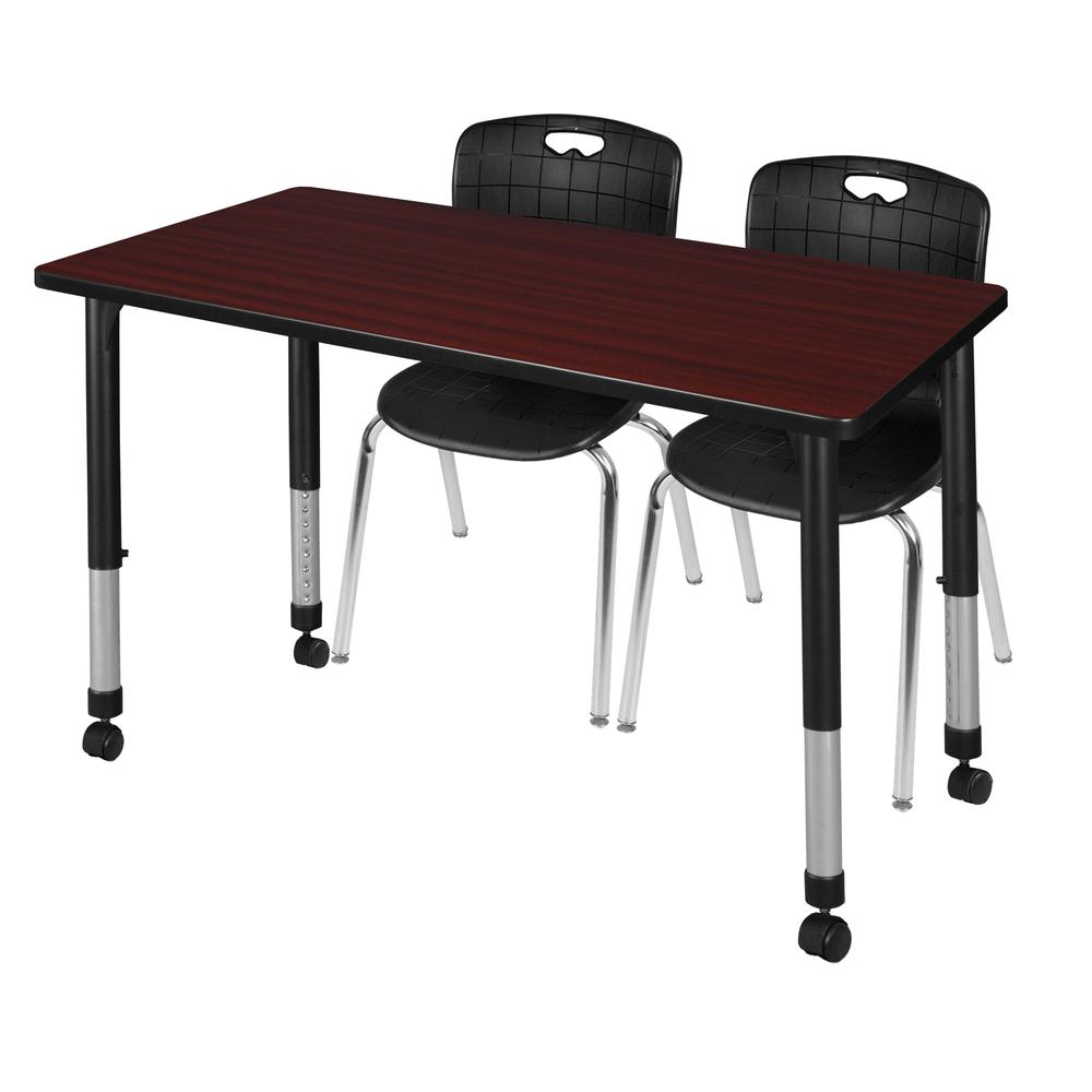 Kee 48" x 24" Height Adjustable Mobile Classroom Table - Mahogany & 2 Andy 18-in Stack Chairs- Black. Picture 1