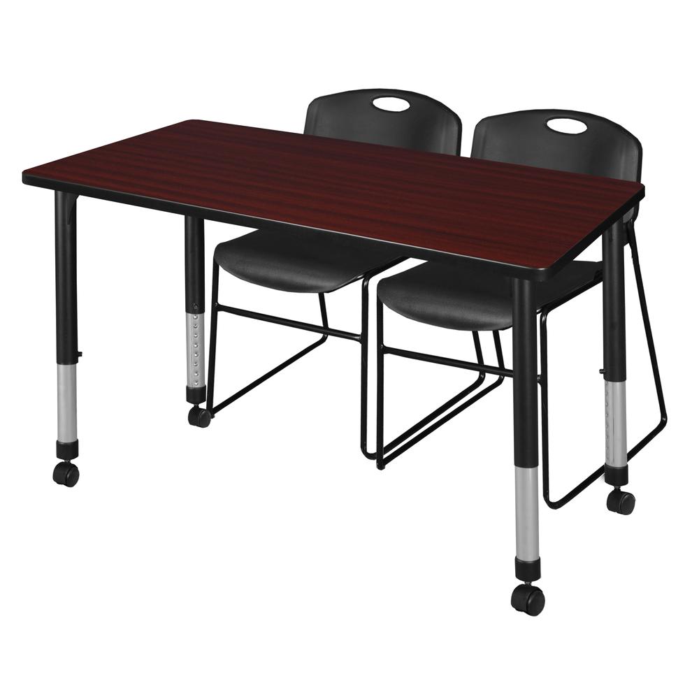 Kee 48" x 24" Height Adjustable Mobile Classroom Table - Mahogany & 2 Zeng Stack Chairs- Black. Picture 1