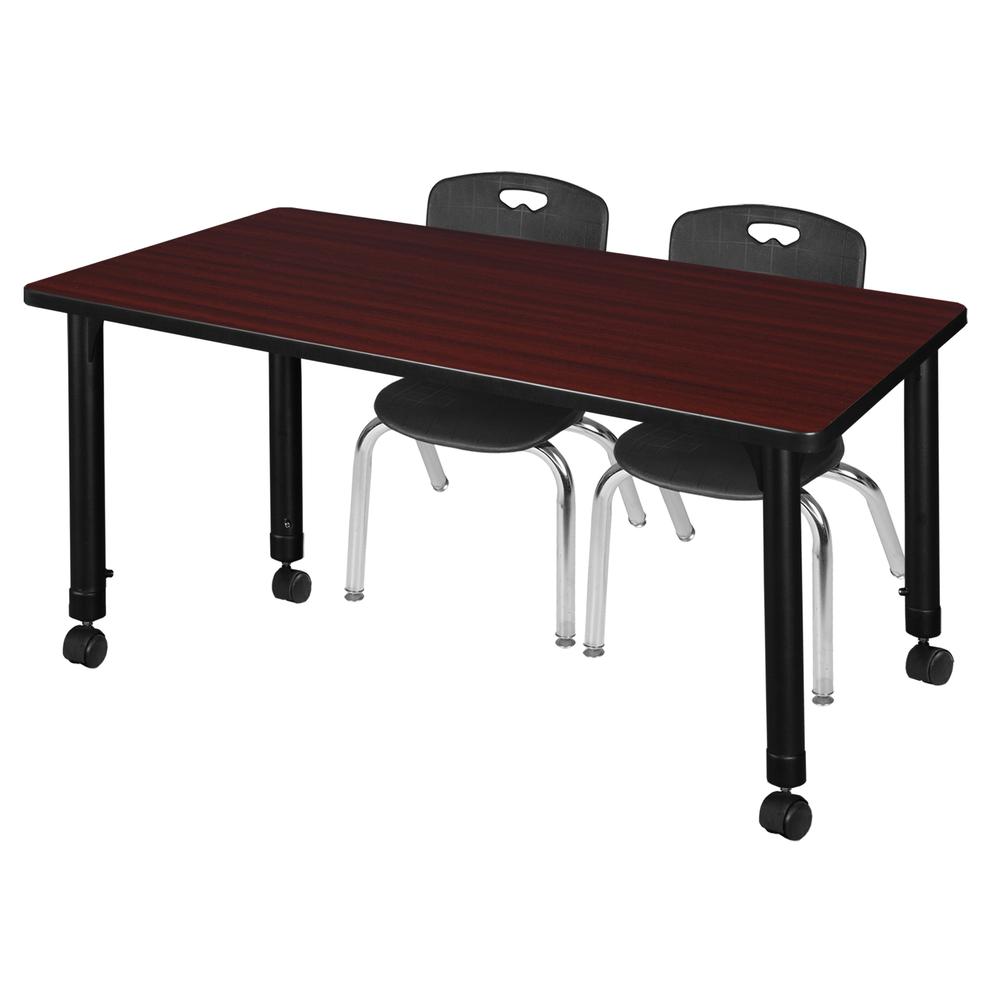 Kee 48" x 24" Height Adjustable Mobile Classroom Table - Mahogany & 2 Andy 12-in Stack Chairs- Black. Picture 1