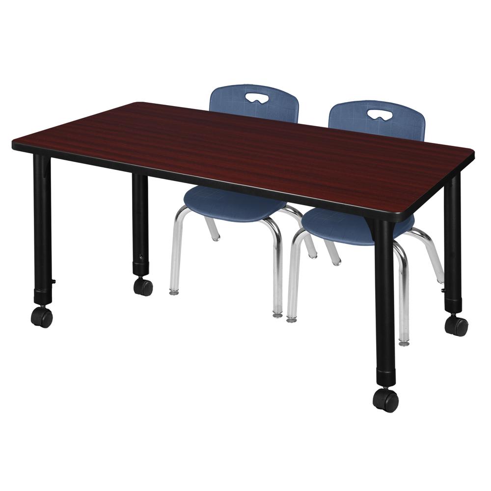 Kee 48" x 24" Height Adjustable Mobile Classroom Table - Mahogany & 2 Andy 12-in Stack Chairs- Navy Blue. Picture 1
