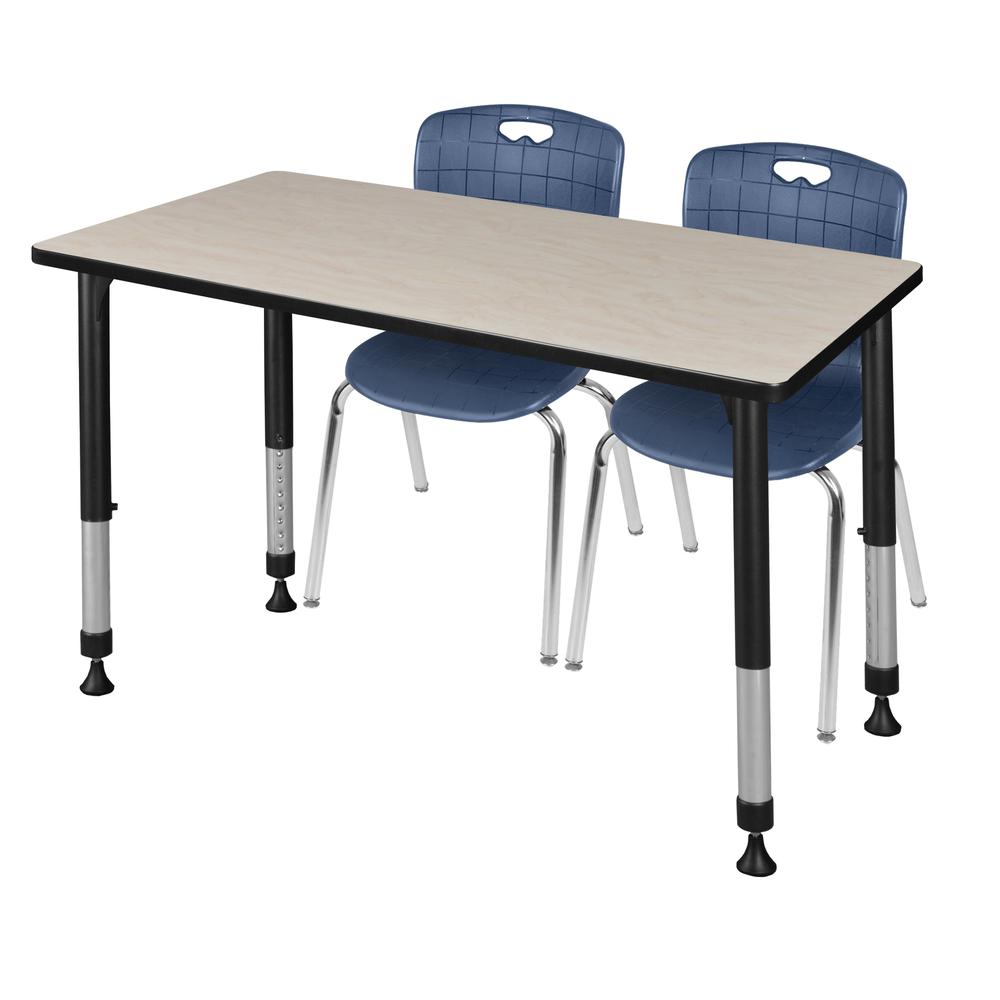 Kee 48" x 24" Height Adjustable Classroom Table - Maple & 2 Andy 18-in Stack Chairs- Navy Blue. Picture 1