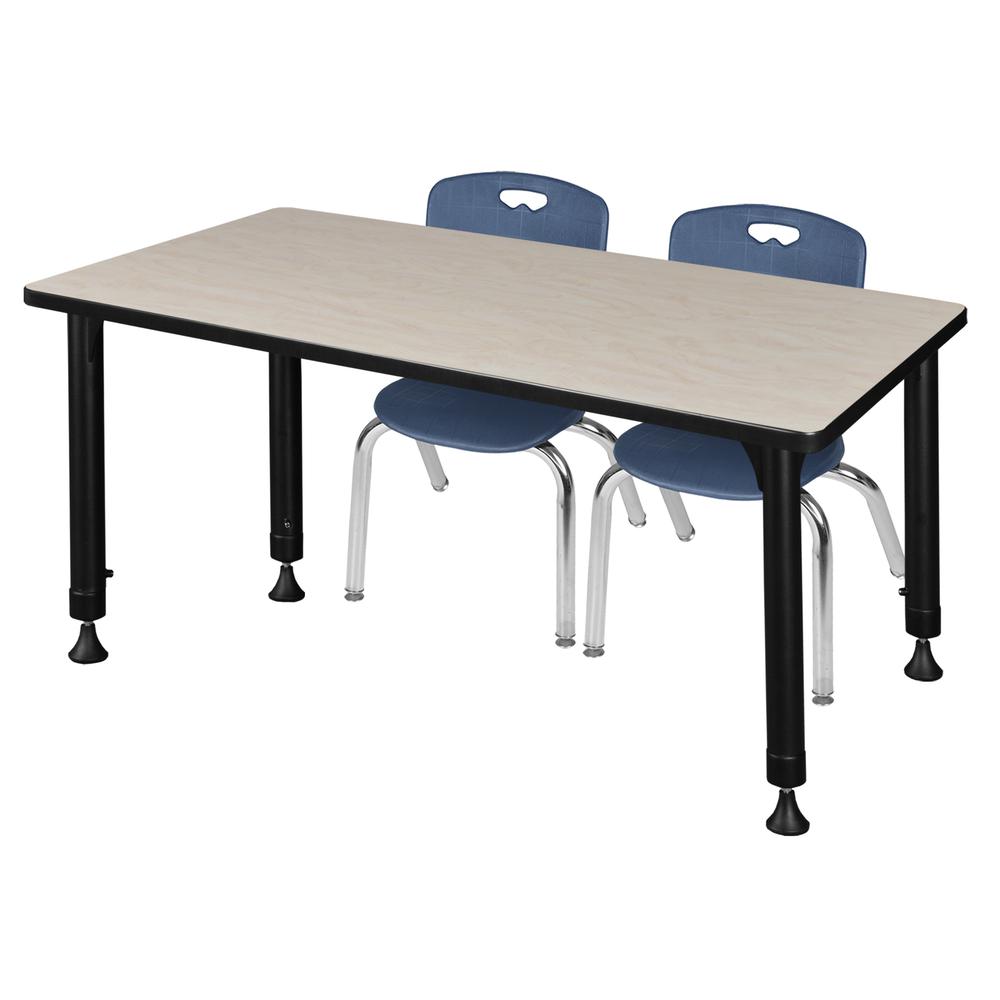 Kee 48" x 24" Height Adjustable Classroom Table - Maple & 2 Andy 12-in Stack Chairs- Navy Blue. Picture 1