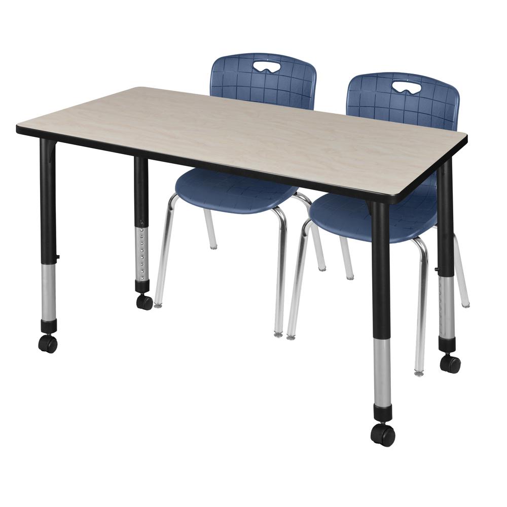 Kee 48" x 24" Height Adjustable Mobile Classroom Table - Maple & 2 Andy 18-in Stack Chairs- Navy Blue. Picture 1