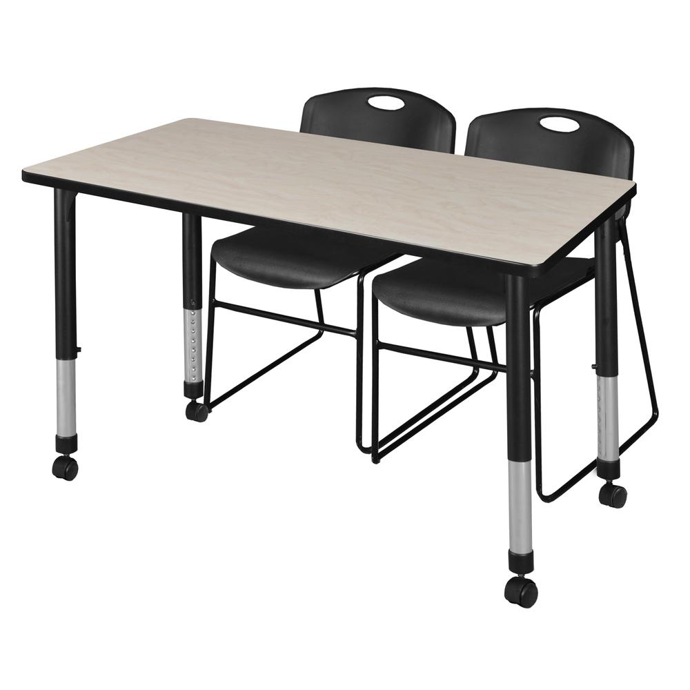 Kee 48" x 24" Height Adjustable Mobile Classroom Table - Maple & 2 Zeng Stack Chairs- Black. Picture 1