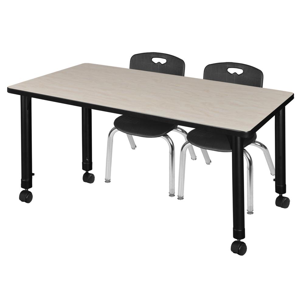 Kee 48" x 24" Height Adjustable Mobile Classroom Table - Maple & 2 Andy 12-in Stack Chairs- Black. Picture 1