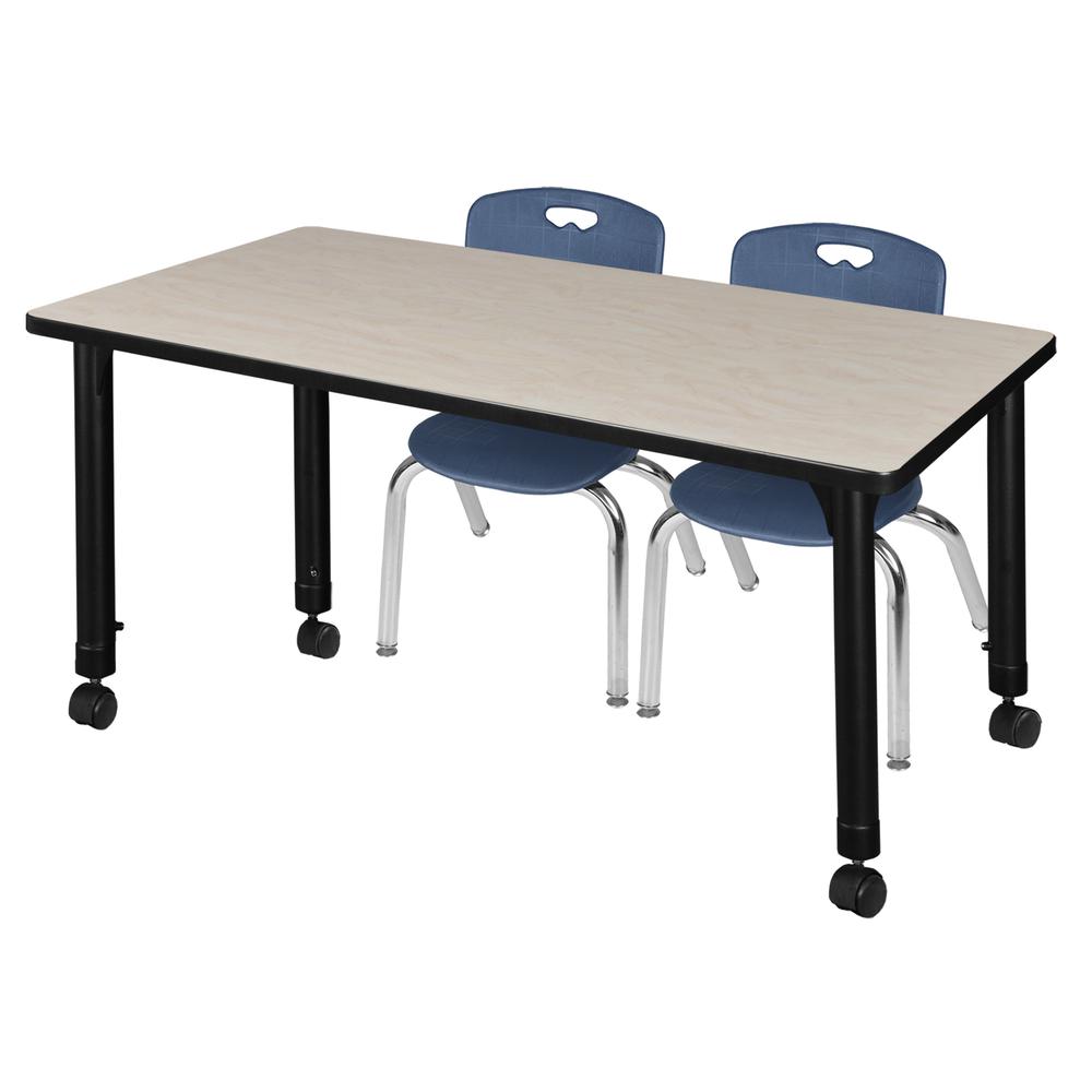 Kee 48" x 24" Height Adjustable Mobile Classroom Table - Maple & 2 Andy 12-in Stack Chairs- Navy Blue. Picture 1