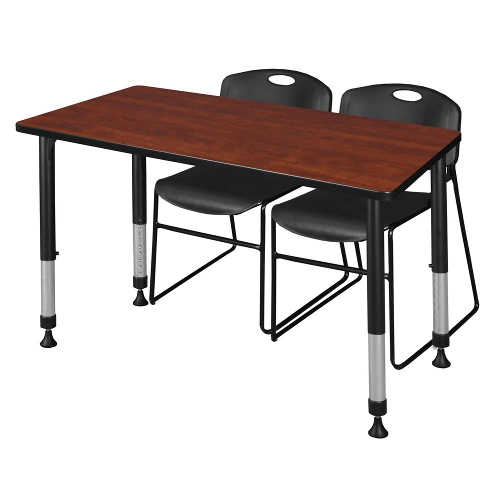 Kee 48" x 30" Height Adjustable Classroom Table - Cherry & 2 Zeng Stack Chairs- Black. Picture 1