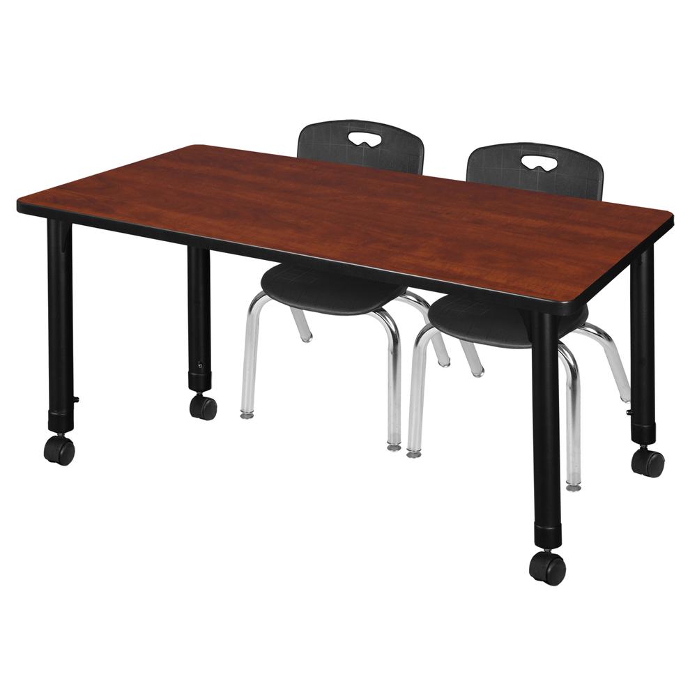Kee 48" x 30" Height Adjustable Mobile Classroom Table - Cherry & 2 Andy 12-in Stack Chairs- Black. Picture 1