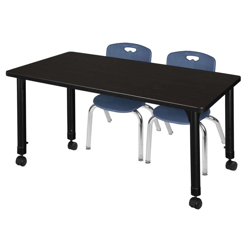 Kee 48" x 30" Height Adjustable Mobile Classroom Table - Mocha Walnut & 2 Andy 12-in Stack Chairs- Navy Blue. The main picture.