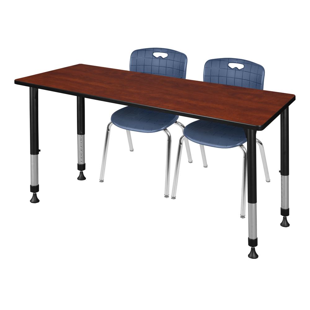Kee 60" x 24" Height Adjustable Classroom Table - Cherry & 2 Andy 18-in Stack Chairs- Navy Blue. Picture 1