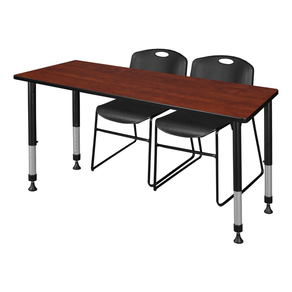 Kee 60" x 24" Height Adjustable Classroom Table - Cherry & 2 Zeng Stack Chairs- Black. Picture 1