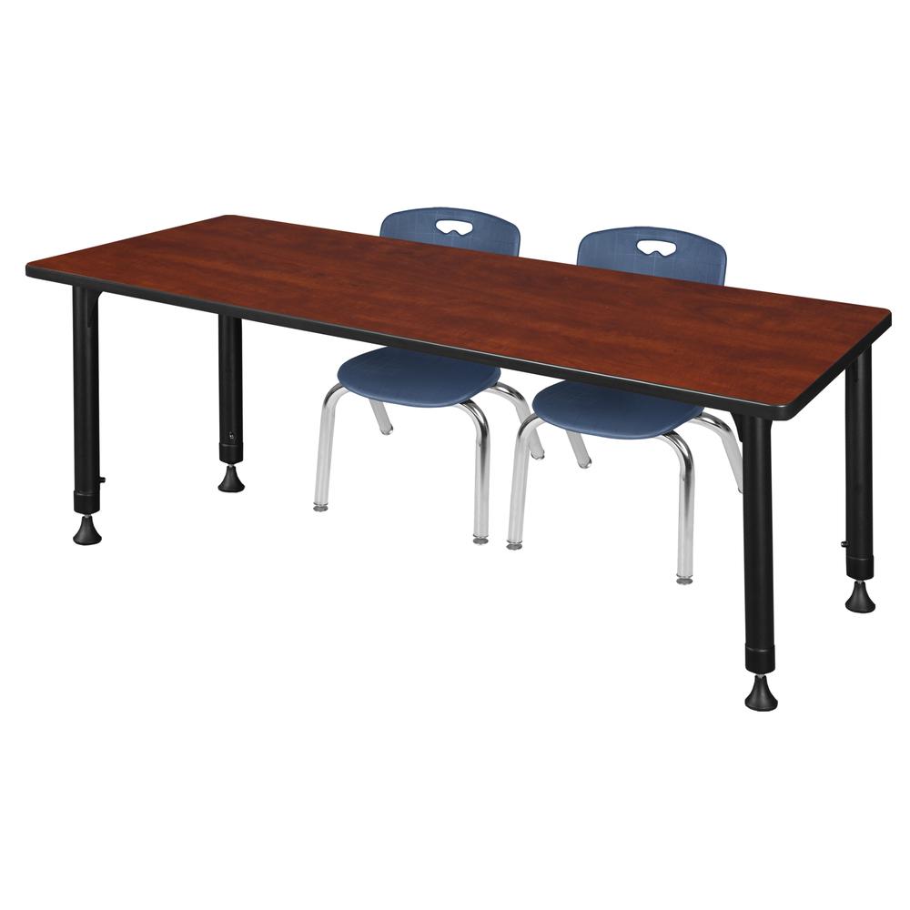 Kee 60" x 24" Height Adjustable Classroom Table - Cherry & 2 Andy 12-in Stack Chairs- Navy Blue. Picture 1