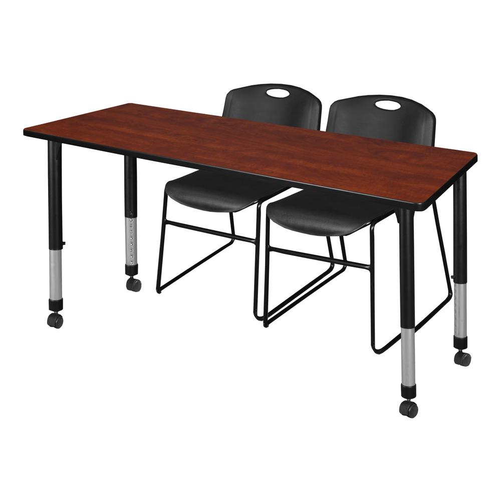 Kee 60" x 24" Height Adjustable Mobile Classroom Table - Cherry & 2 Zeng Stack Chairs- Black. Picture 1