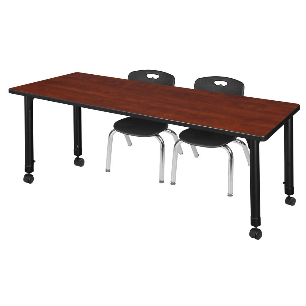 Kee 60" x 24" Height Adjustable Mobile Classroom Table - Cherry & 2 Andy 12-in Stack Chairs- Black. Picture 1