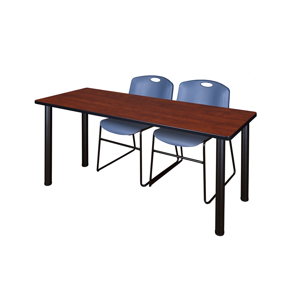 60" x 24" Kee Training Table- Cherry/ Black & 2 Zeng Stack Chairs- Blue. Picture 1