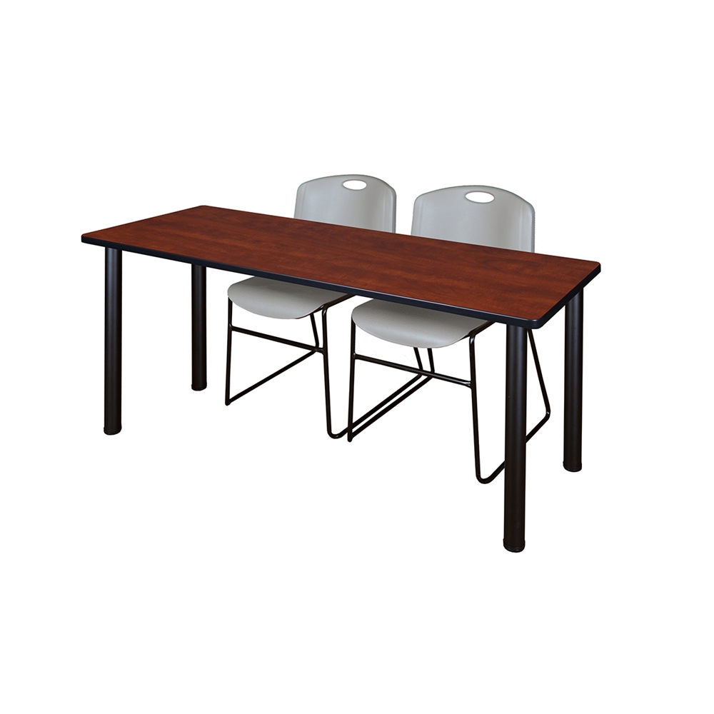 60" x 24" Kee Training Table- Cherry/ Black & 2 Zeng Stack Chairs- Grey. Picture 1