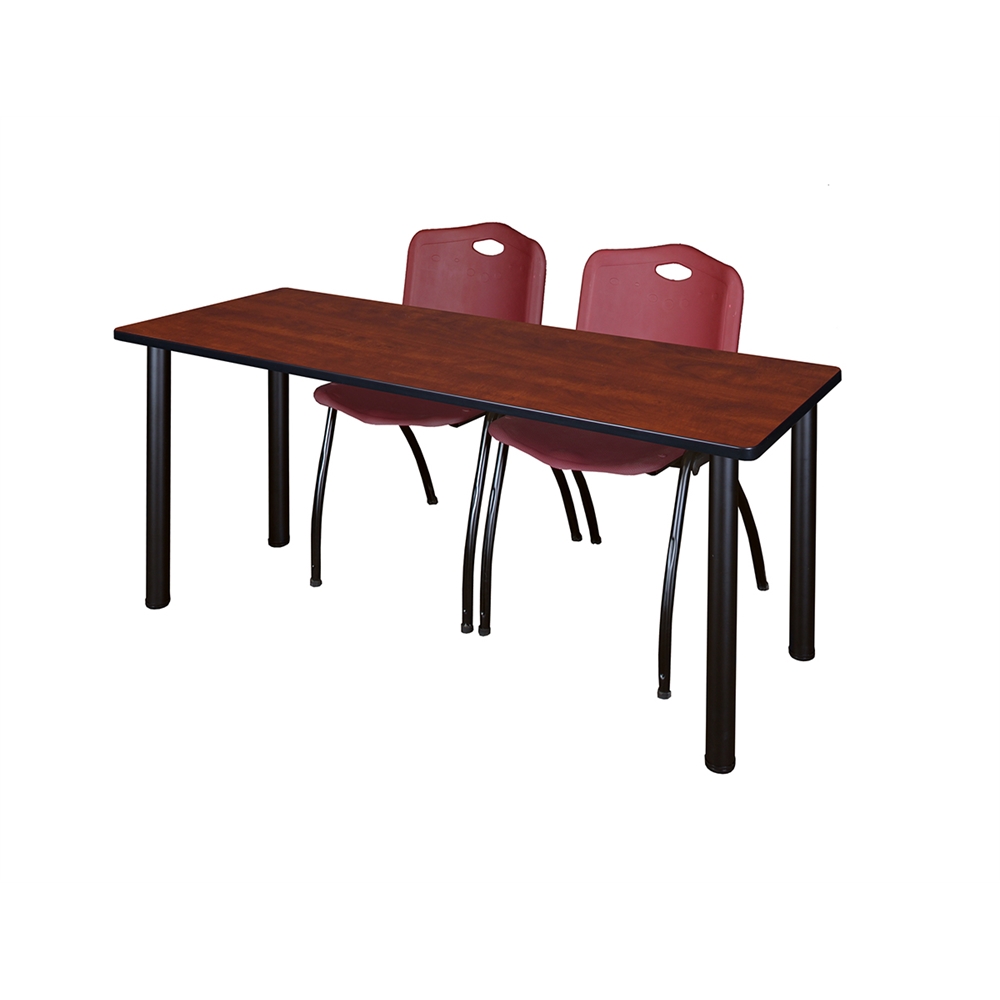 60" x 24" Kee Training Table- Cherry/ Black & 2 'M' Stack Chairs- Burgundy. Picture 1