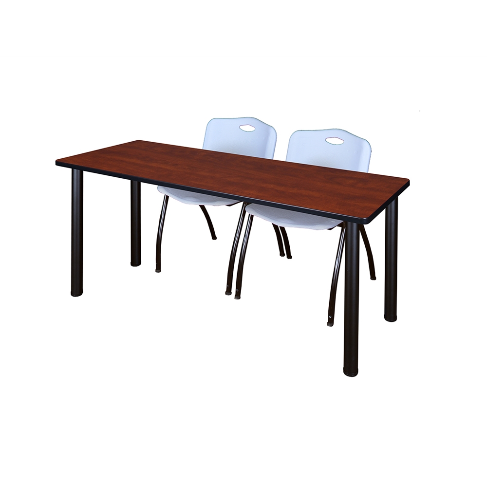 60" x 24" Kee Training Table- Cherry/ Black & 2 'M' Stack Chairs- Grey. Picture 1