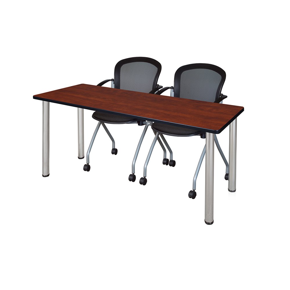 60" x 24" Kee Training Table- Cherry/Chrome and 2 Cadence Nesting Chairs. Picture 1