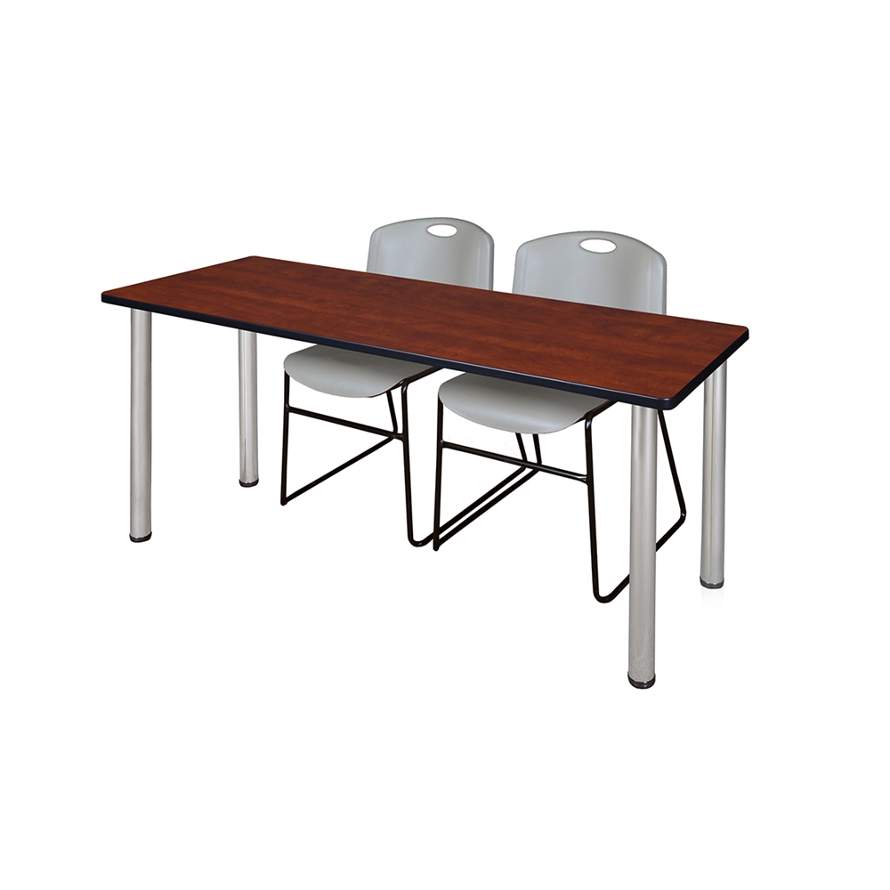 60" x 24" Kee Training Table- Cherry/ Chrome & 2 Zeng Stack Chairs- Grey. Picture 1