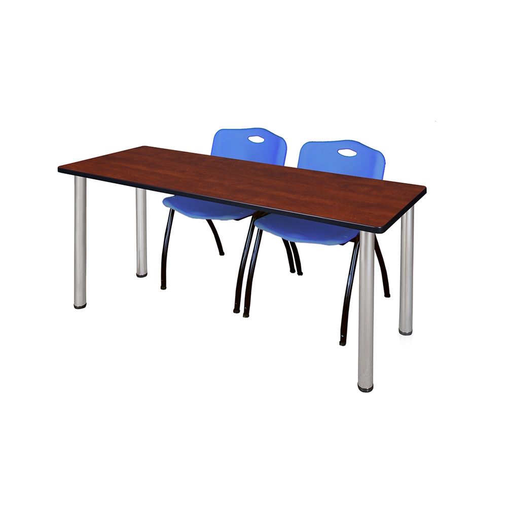 60" x 24" Kee Training Table- Cherry/ Chrome & 2 'M' Stack Chairs- Blue. Picture 1
