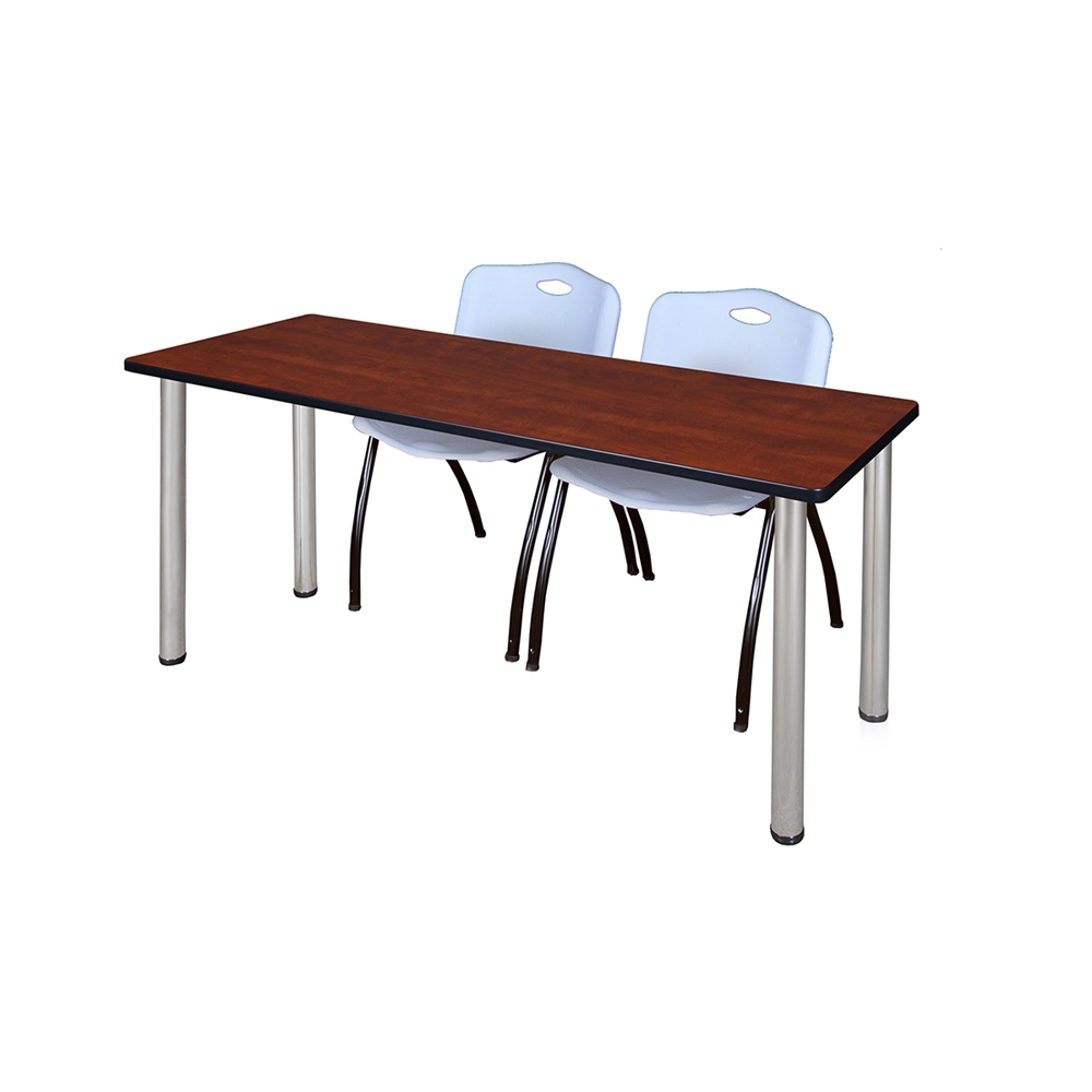 60" x 24" Kee Training Table- Cherry/ Chrome & 2 'M' Stack Chairs- Grey. Picture 1