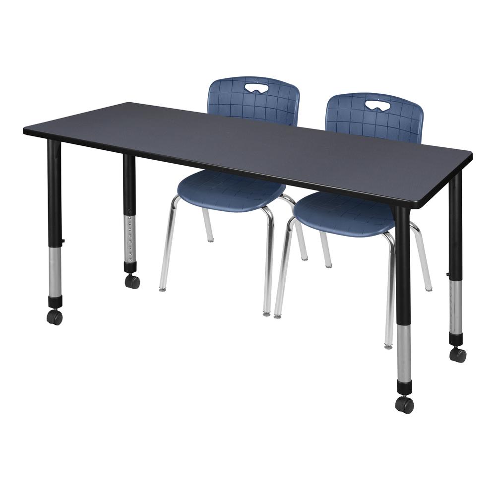 Kee 60" x 24" Height Adjustable Mobile Classroom Table - Grey & 2 Andy 18-in Stack Chairs- Navy Blue. Picture 1