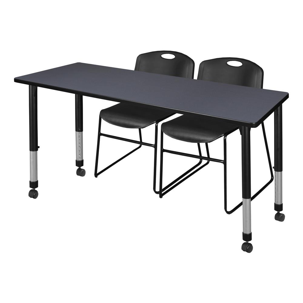 Kee 60" x 24" Height Adjustable Mobile Classroom Table - Grey & 2 Zeng Stack Chairs- Black. Picture 1
