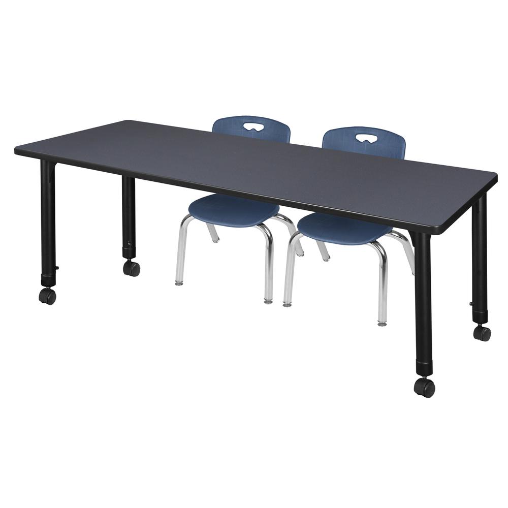 Kee 60" x 24" Height Adjustable Mobile Classroom Table - Grey & 2 Andy 12-in Stack Chairs- Navy Blue. Picture 1