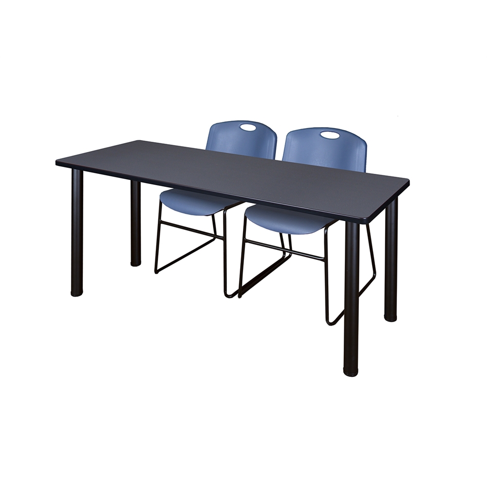 60" x 24" Kee Training Table- Grey/ Black & 2 Zeng Stack Chairs- Blue. Picture 1