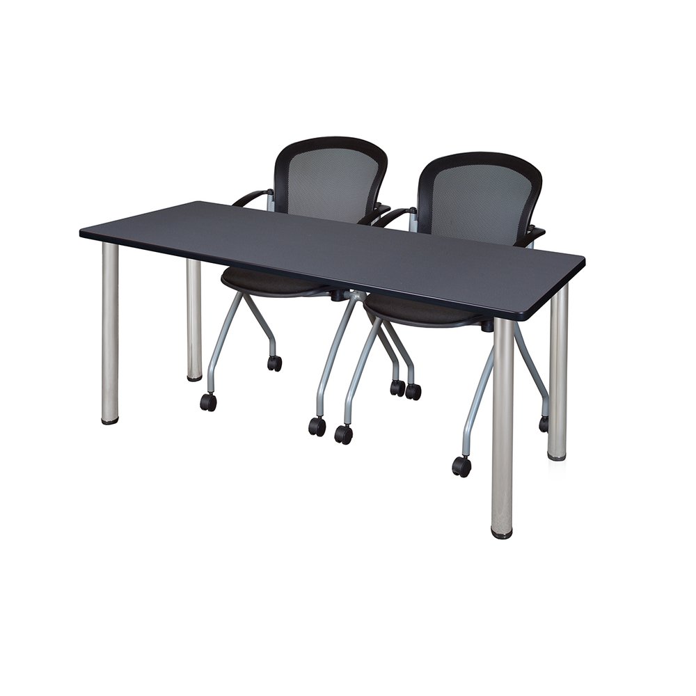 60" x 24" Kee Training Table- Grey/Chrome and 2 Cadence Nesting Chairs. Picture 1
