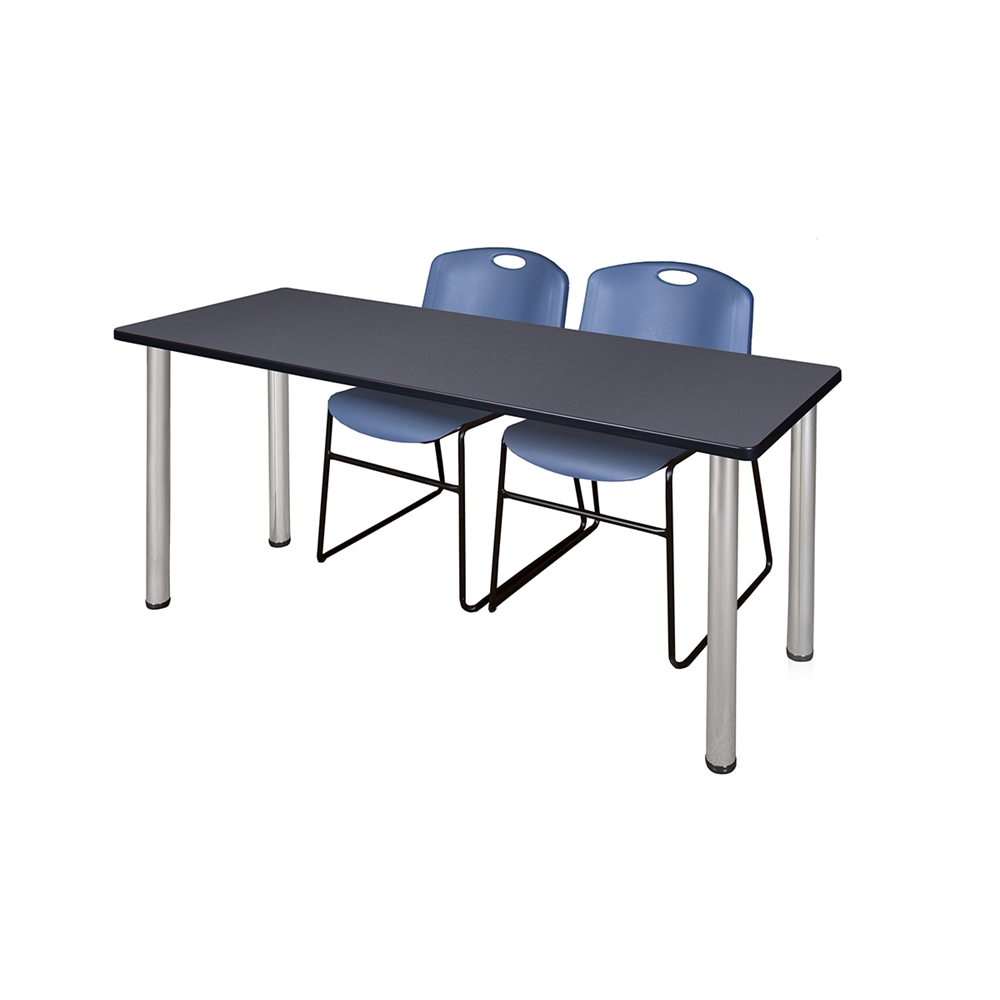 60" x 24" Kee Training Table- Grey/ Chrome & 2 Zeng Stack Chairs- Blue. Picture 1