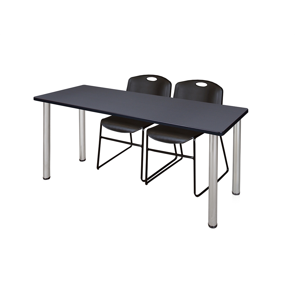60" x 24" Kee Training Table- Grey/ Chrome & 2 Zeng Stack Chairs- Black. Picture 1