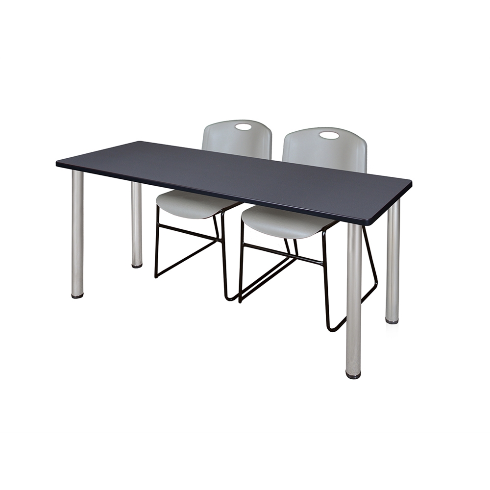 60" x 24" Kee Training Table- Grey/ Chrome & 2 Zeng Stack Chairs- Grey. Picture 1