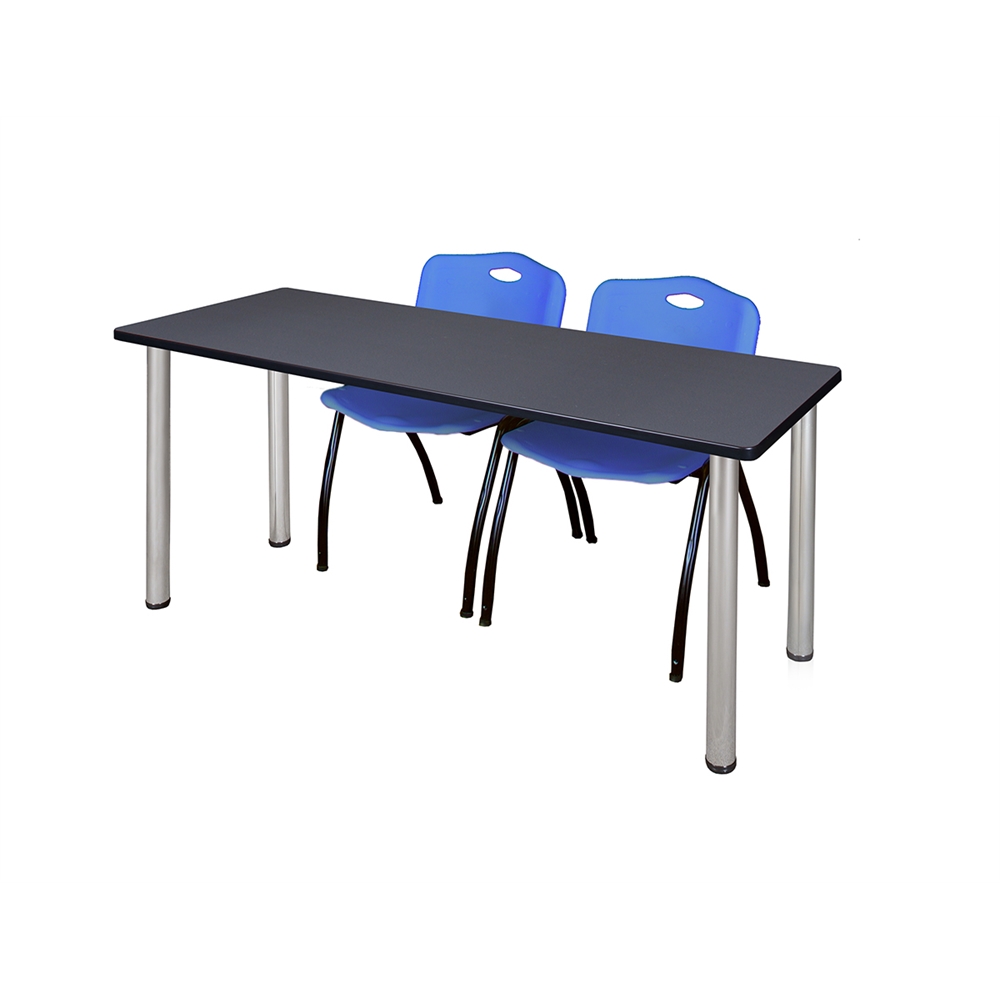 60" x 24" Kee Training Table- Grey/ Chrome & 2 'M' Stack Chairs- Blue. Picture 1
