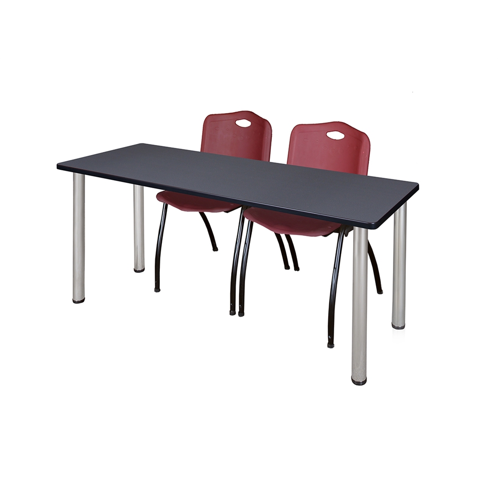 60" x 24" Kee Training Table- Grey/ Chrome & 2 'M' Stack Chairs- Burgundy. Picture 1